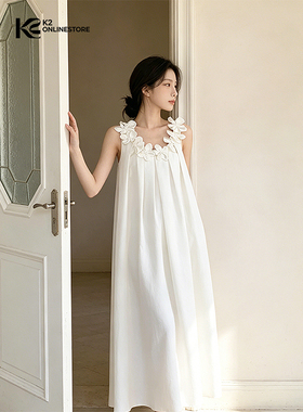 K2 ONLINESTORE 法式立体花朵圆领背心连衣裙女白色宽松休闲长裙