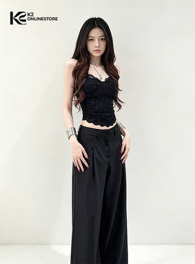 K2 ONLINESTORE性感辣妹蕾丝花边裹胸吊带背心女黑色修身外搭上衣