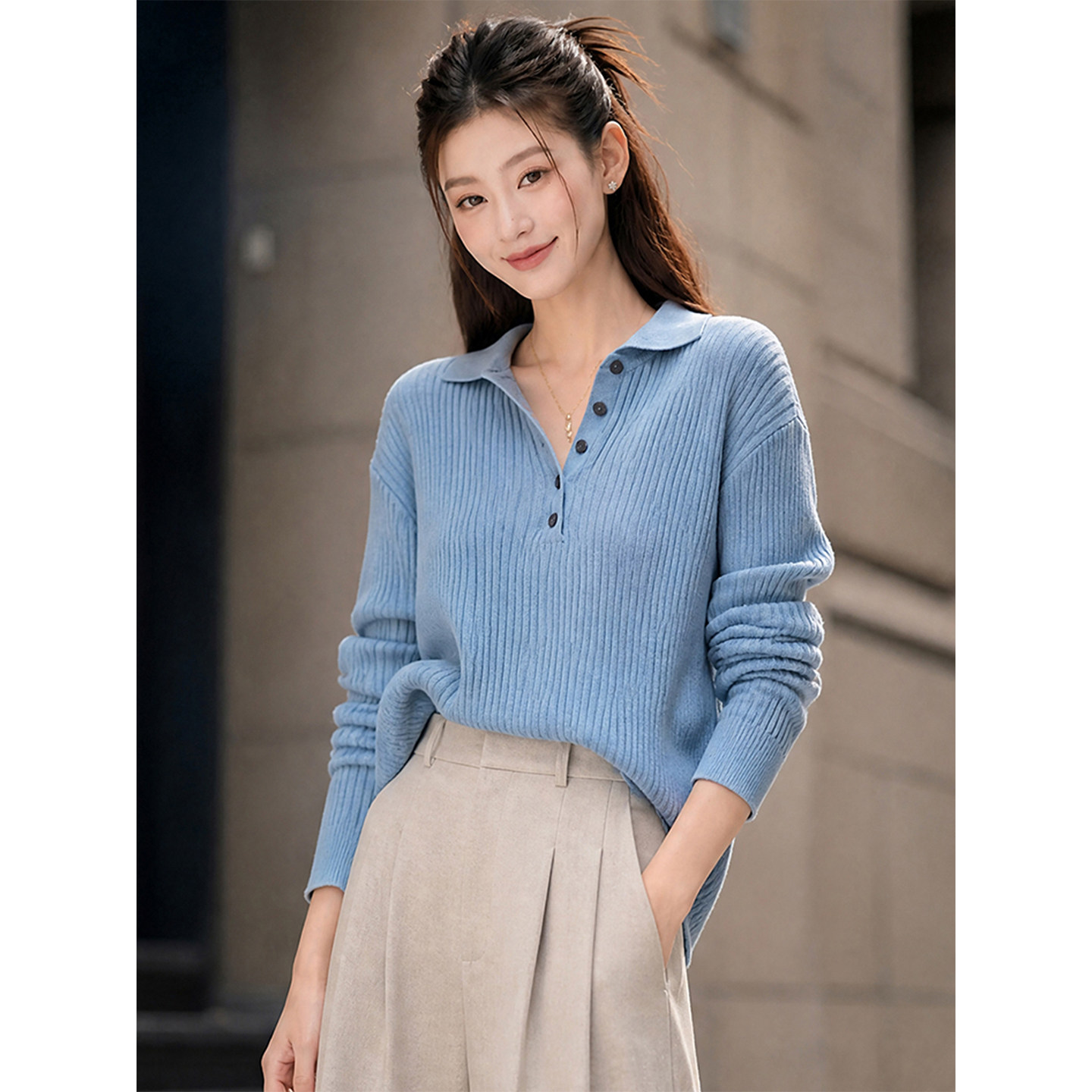 K2 ONLINESTORE 韩系蓝色Polo领针织衫女极简复古松弛感长袖上衣