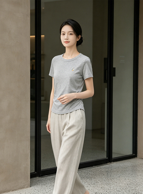 K2 ONLINESTORE 松弛灰色装饰圆领短袖T恤女夏季休闲日常百搭上衣