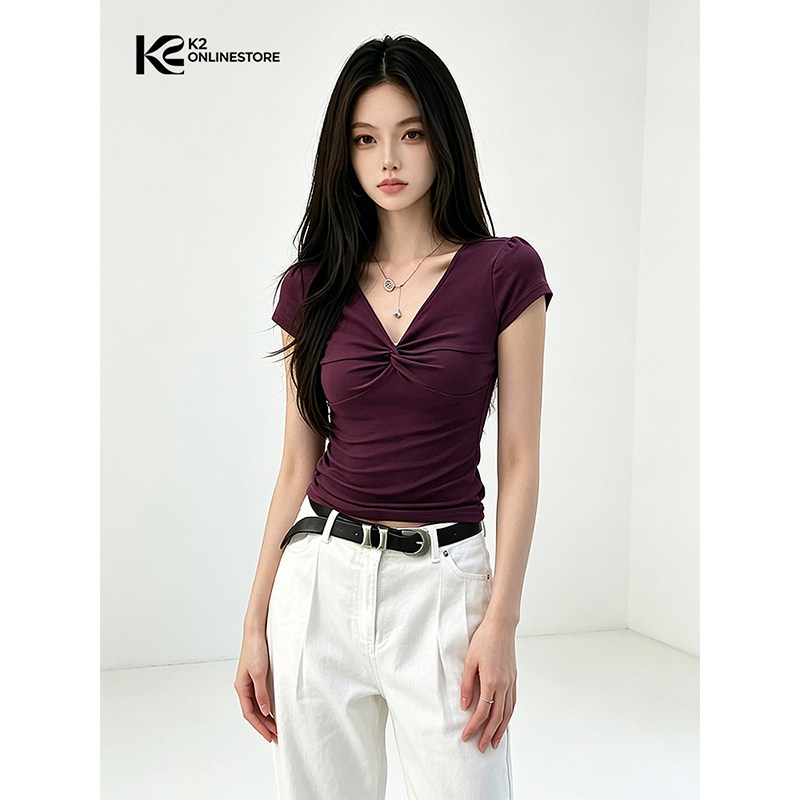 K2 ONLINESTORE 纯欲褶皱裹胸v领短袖T恤衫女装紫色修身百搭上衣