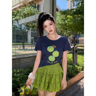 K2 ONLINESTORE 韩系水果印花圆领短袖T恤女绿色碎花收腰半裙套装