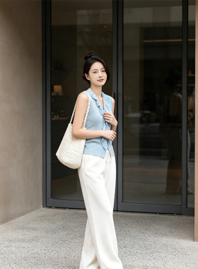 K2 ONLINESTORE 法式荷叶边v领针织背心女装小众蓝色修身百搭上衣