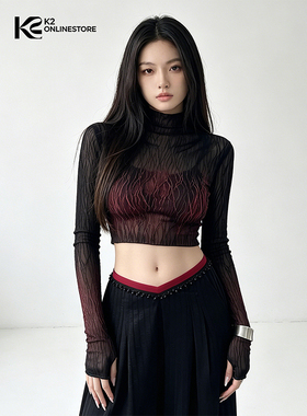 K2 ONLINESTORE美式辣妹网纱印花长袖针织罩衫女黑色修身叠穿上衣
