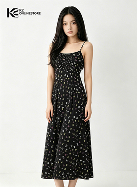 K2 ONLINESTORE 法式黑色小碎花吊带连衣裙女夏季气质修身a字长裙