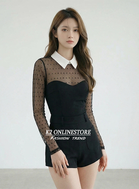 K2 ONLINESTORE 性感网纱波点拼接翻领上衣女黑色修身包臀连体衣