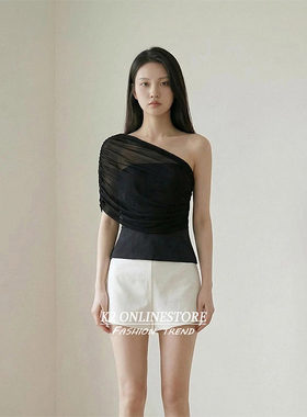 K2 ONLINESTORE 法式网纱拼接露肩斜领T恤衫女装黑色气质修身上衣