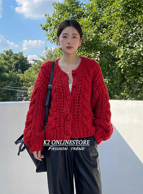 K2 ONLINESTORE 复古红色钩织提花单排扣开衫女秋冬新款宽松外套