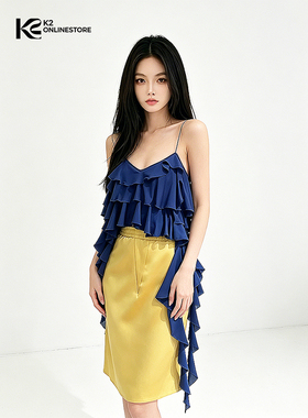 K2 ONLINESTORE小众设计感荷叶边飘带吊带背心女蓝色显瘦百搭上衣