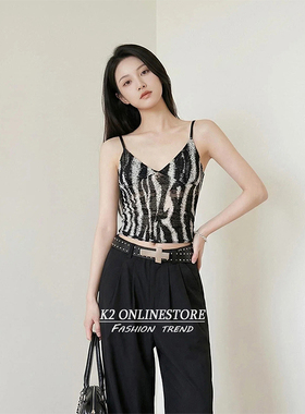 K2 ONLINESTORE 美式辣妹印花v领吊带背心女小众黑色修身外搭上衣