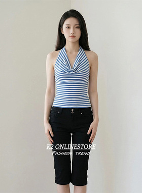 K2 ONLINESTORE 时尚蓝色条纹荡领挂脖吊带女装日常通勤百搭上衣