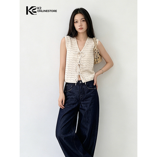 K2 ONLINESTORE 法式提花系绳v领针织开衫女时尚气质百搭显瘦上衣