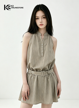 K2 ONLINESTORE 韩系条纹立领无袖背心连衣裙女夏季松弛舒适短裙