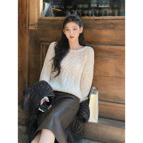 小众设计镂空V领长袖针织上衣女