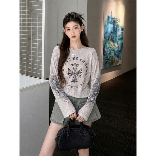 韩系复古十字架印花T恤女
