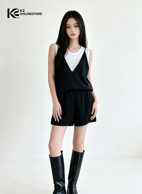 K2 ONLINESTORE 韩系拼色休闲吊带上衣女简约松紧收腰短裤两件套