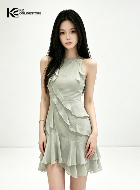 K2 ONLINESTORE 纯欲不规则荷叶边背心连衣裙女绿色气质修身短裙