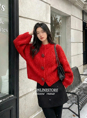 K2 ONLINESTORE 法式复古红色圆领毛衣开衫女高级感宽松百搭外套
