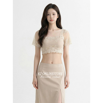 K2 ONLINESTORE 纯欲网纱蕾丝方领短袖小衫女装裸色裹胸露脐上衣