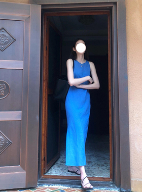 K2 ONLINESTORE 法式复古蓝色极简风连衣裙女夏收腰开叉包臀长裙