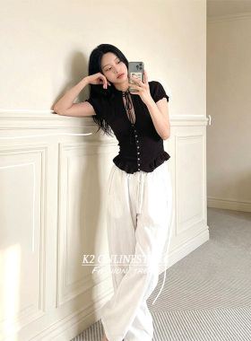 K2 ONLINESTORE 复古辣妹系带v领短袖衬衫女黑色气质修身百搭上衣