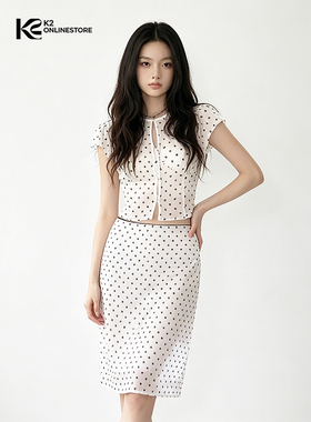 K2 ONLINESTORE 纯欲波点印花短袖上衣女白色透视收腰半身裙套装