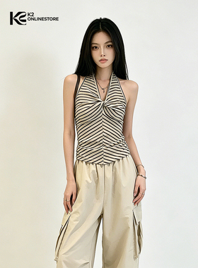 K2 ONLINESTORE 韩系黑白条纹v领挂脖吊带女夏季日常修身百搭上衣