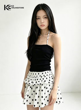 K2 ONLINESTORE性感辣妹波点拼接挂脖吊带背心女黑色修身百搭上衣