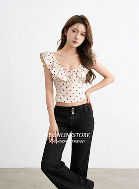 K2 ONLINESTORE 辣妹波点印花荷叶边小衫女装高级感气质露背上衣