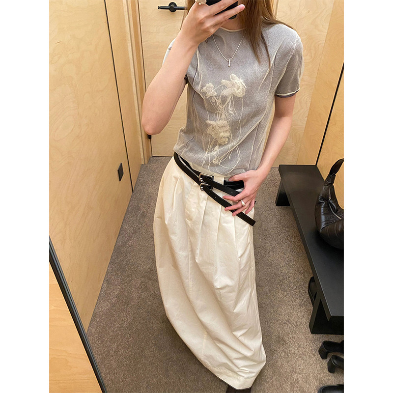 K2 ONLINESTORE 高端复古提花短袖T恤女夏小众欧根纱卷边修身上衣