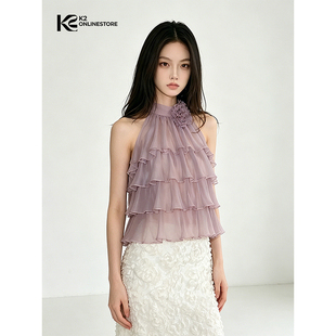 K2 ONLINESTORE 纯欲紫色网纱花朵挂脖吊带女微透感修身露背上衣