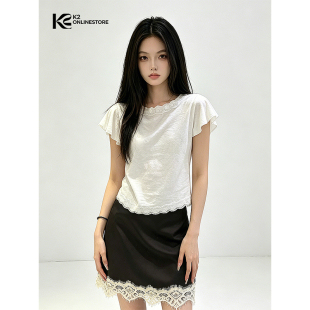 K2 ONLINESTORE 时尚蕾丝花边圆领短袖T恤女性感黑色收腰半裙套装