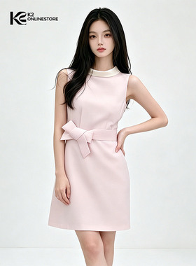 K2 ONLINESTORE 甜妹千金围巾领背心连衣裙女粉色蝴蝶结修身短裙