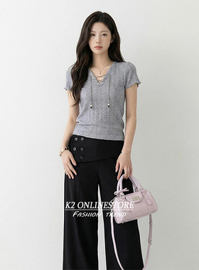 K2 ONLINESTORE 时尚系绳设计v领正肩针织衫女灰色款简约百搭上衣