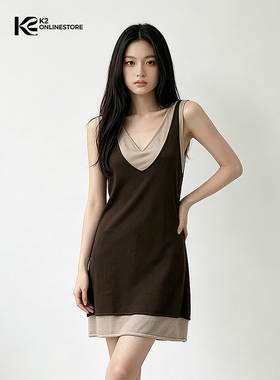 K2 ONLINESTORE 时尚撞色拼接v领假两件连衣裙女简约宽松针织短裙