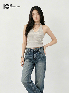 K2 ONLINESTORE 时尚简约u领系绳吊带背心女夏季灰色修身百搭上衣