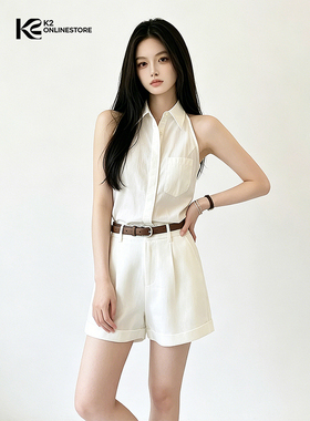 K2 ONLINESTORE 时尚简约单排扣翻领无袖衬衫女白色休闲背心上衣