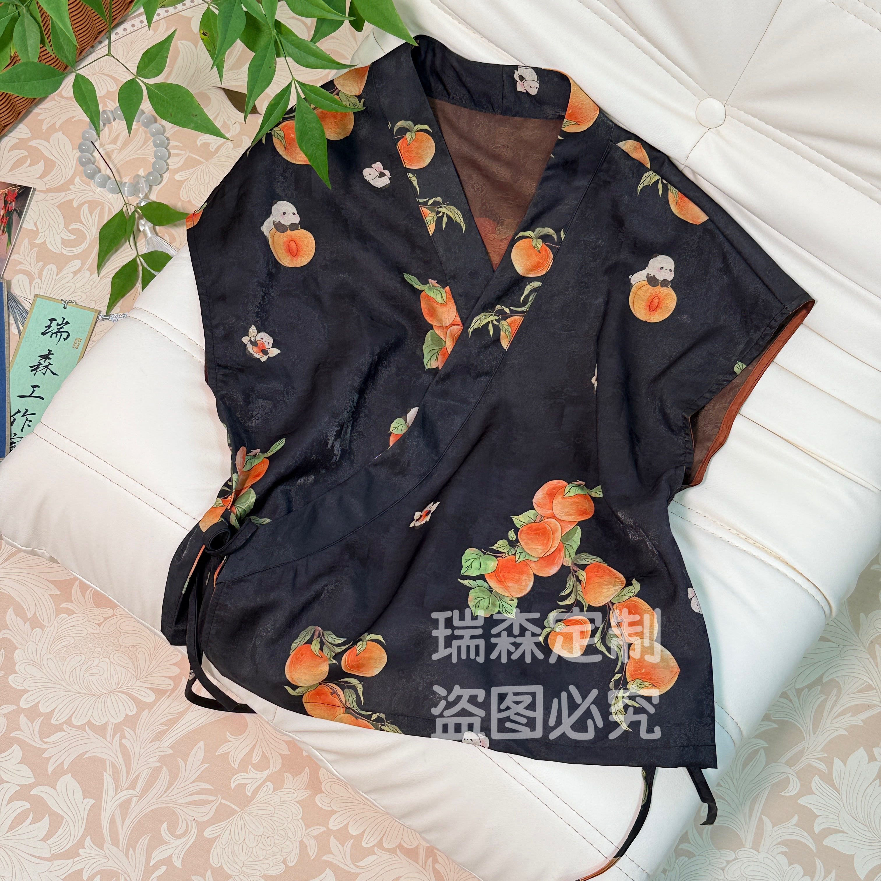 866 小桃子V领小道袍新中式国风上衣开衫-胸围94-衣长50