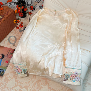 胸围104 1082 T恤上衣 国风刺绣圆领长袖 前长62后65 喜上眉梢中式