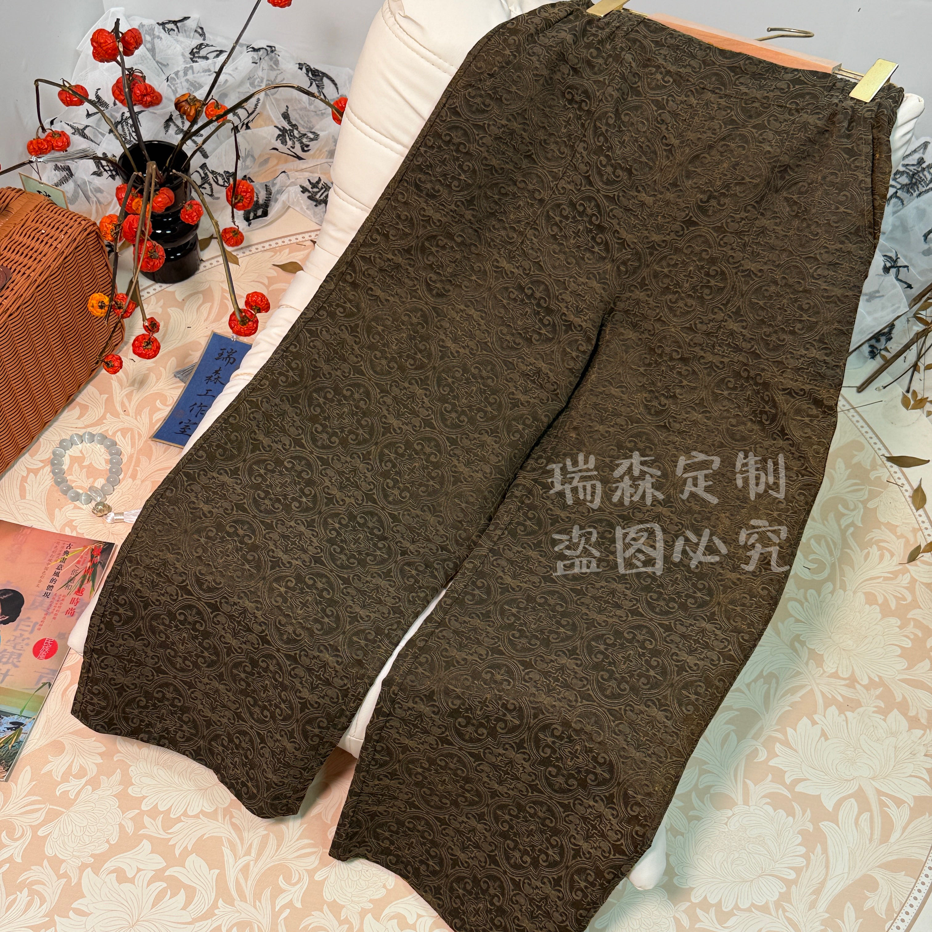 934 中式国风复古香云老料双面穿提花直筒裤-腰围70-裤长96