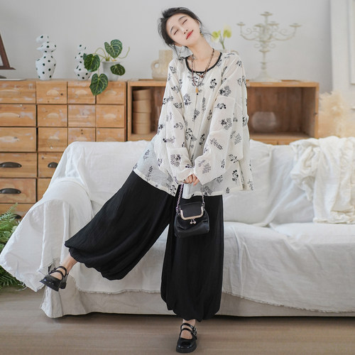 芷蘅间 未来暗码 原创日常汉服元素天丝透气暗纹外衫花苞裤春夏款