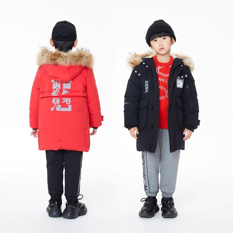 安奈儿童装男童冬装加厚带帽长款羽绒服外套大衣AB245621正品特价