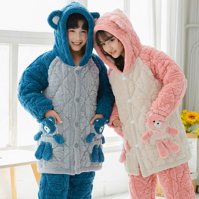 冬季新男童睡衣女童法兰绒套装儿童夹棉三层加厚保暖家居服可外穿