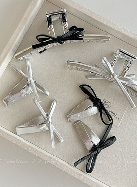 博主pu皮银色皮质蝴蝶结发夹侧边碎发卡发抓后脑勺盘发抓夹鲨鱼夹