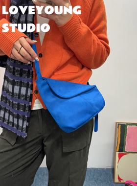 loveyoung原创“小行囊”秋冬新品小众设计蓝色麂皮绒单肩斜挎包