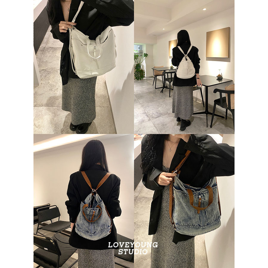 四种用法！机车包｜牛仔复古撞色双肩包 休闲通勤多口袋单肩包,箱包皮具/热销女包/男包,通用款女包,淘宝优惠券,粉丝福利购,淘宝优惠卷