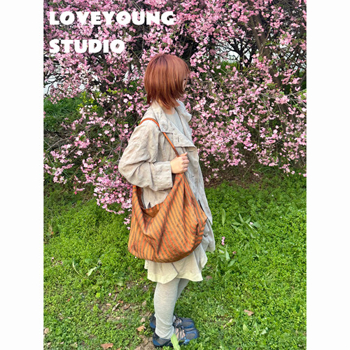 loveyoung复古条纹托特包