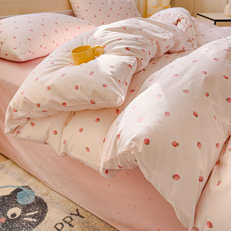 纯棉草莓儿童四件套100全棉小清新少女心床上用品床单被套三4件套