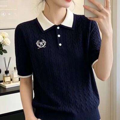 韩系减龄撞色短袖t恤女夏2026新款修身显瘦短款polo领漂亮小上衣