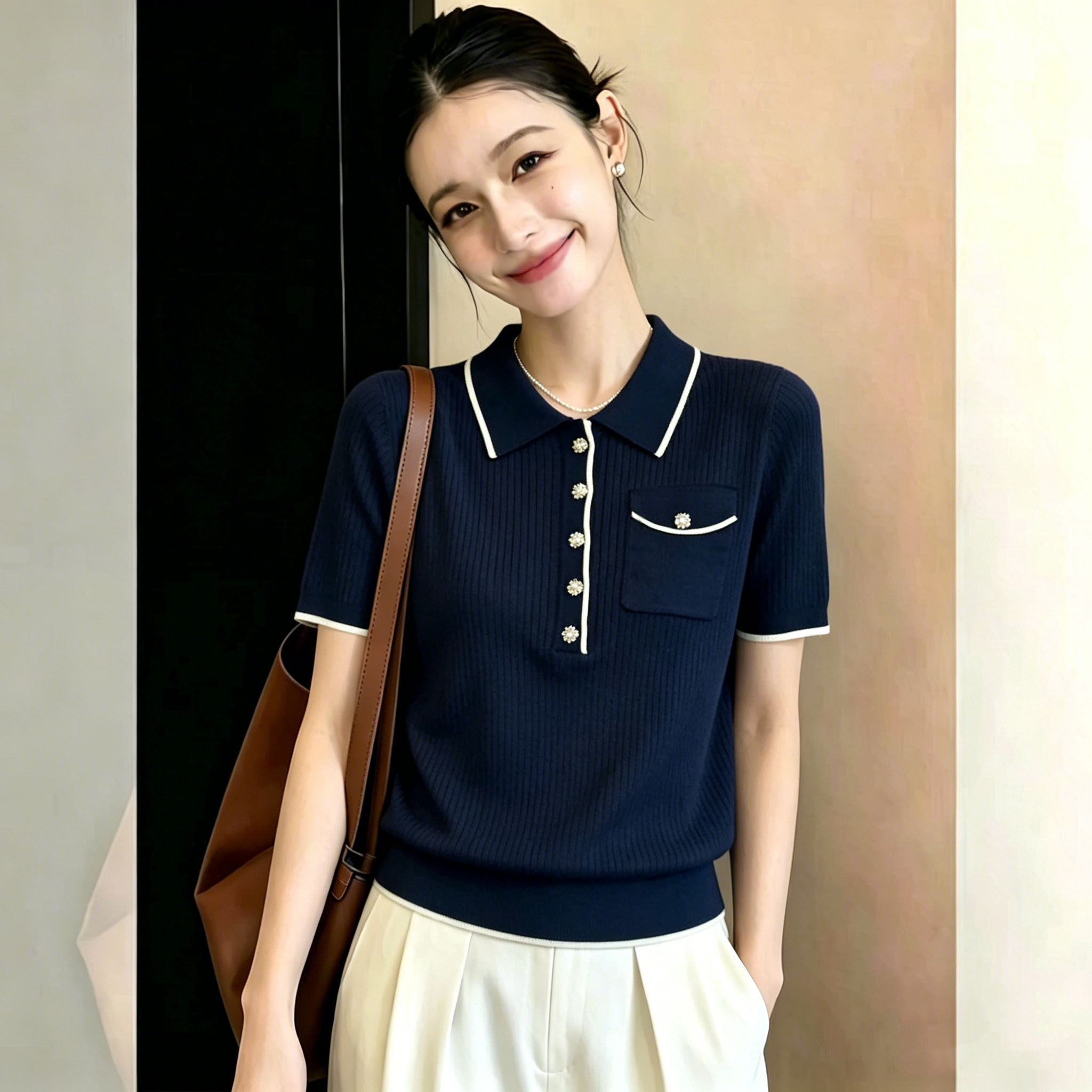 钉珠小香风翻领针织上衣女夏轻奢钻扣口袋设计感显瘦百搭短袖小衫